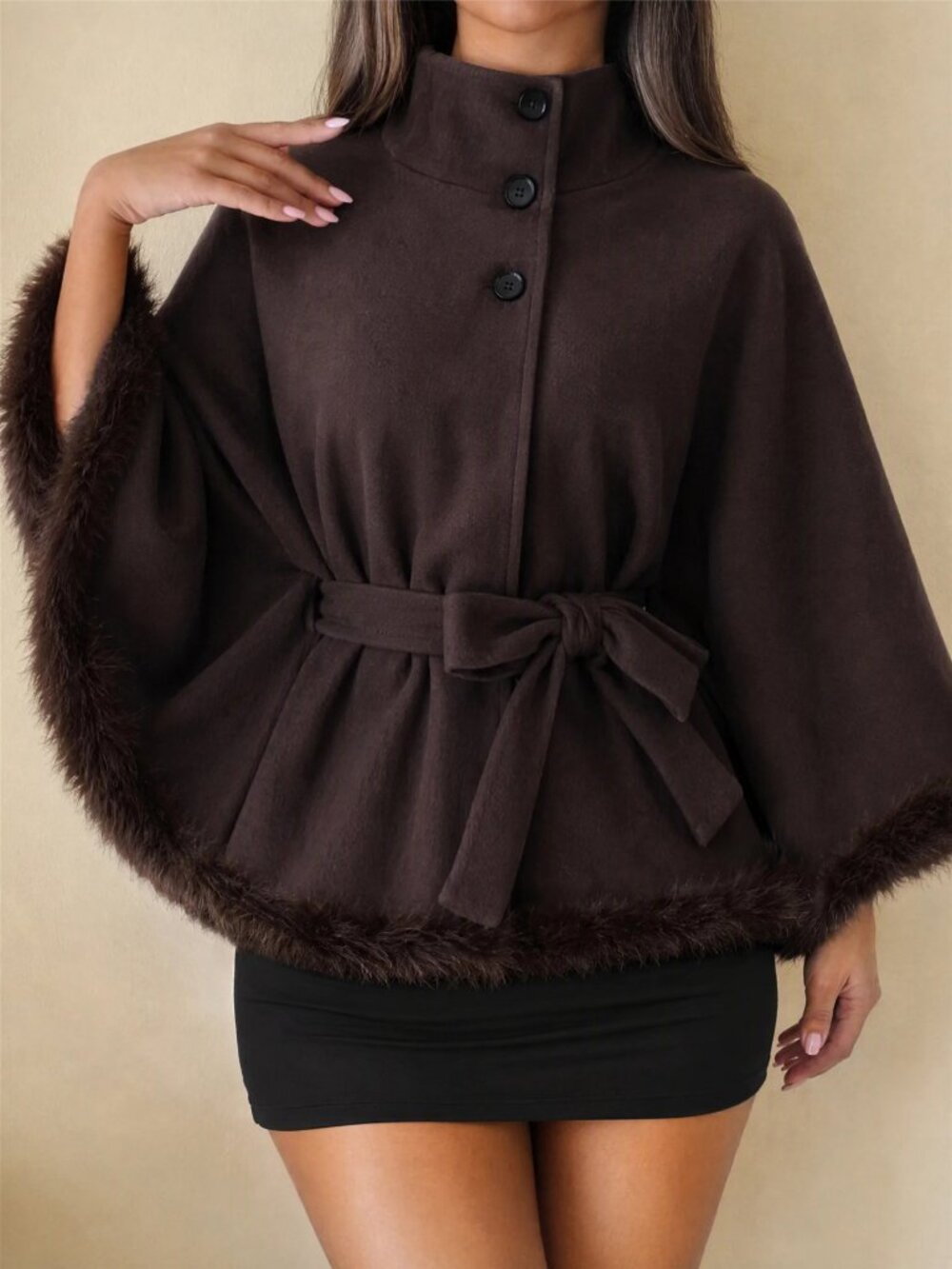 Brown Elegant Women's Single-Breasted Patchwork Faux Fur Cape Overcoat - Picture 4 of 6